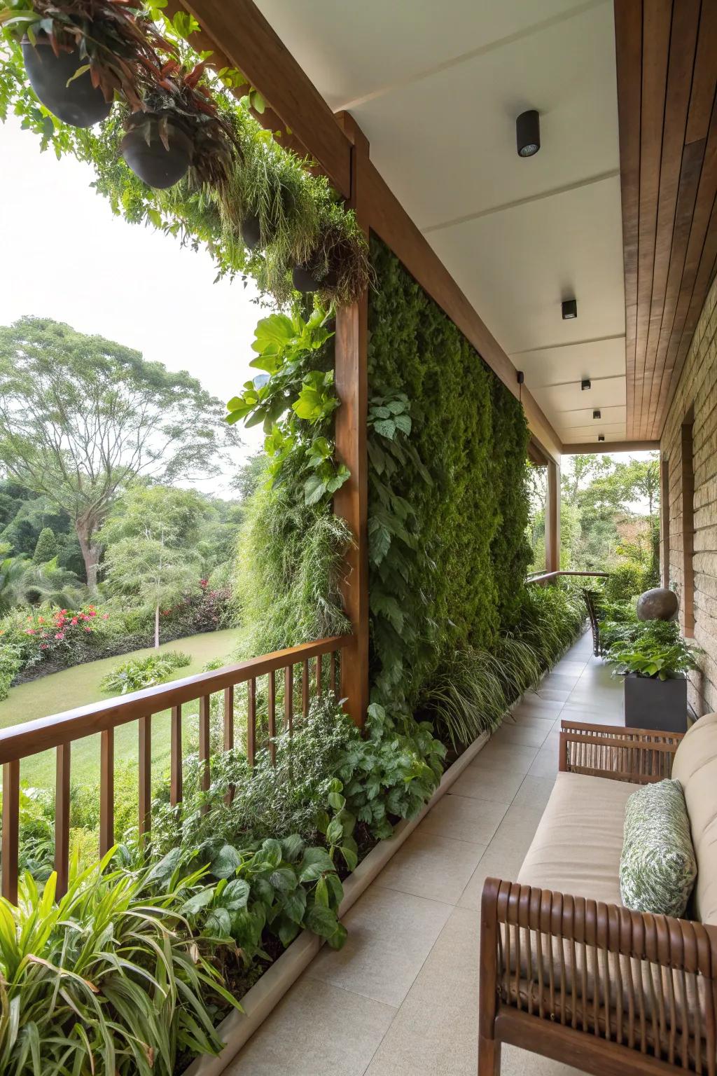 Vertical gardens add depth and life to verandah spaces.