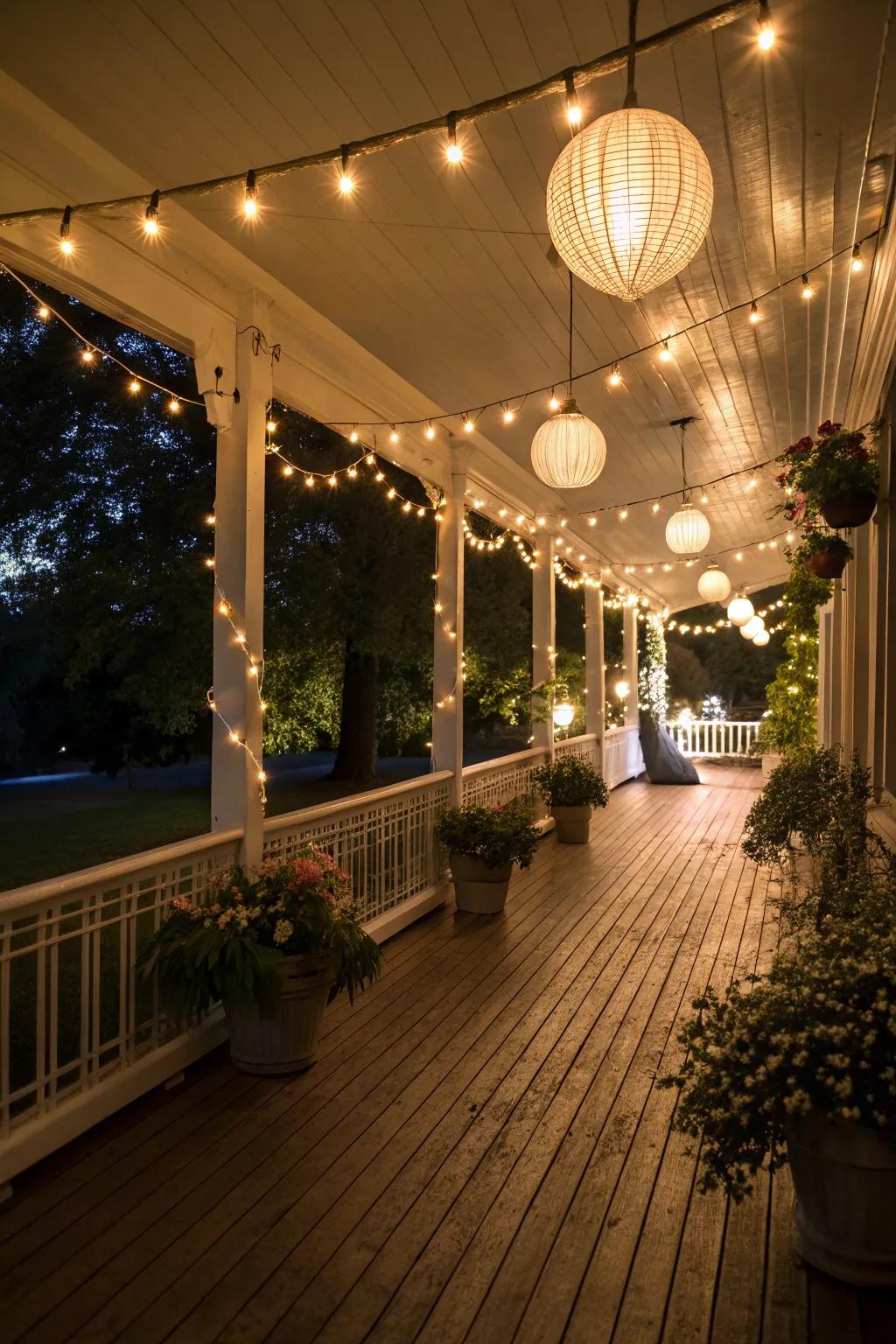 Ambient lighting sets the mood for evening relaxation on the verandah.