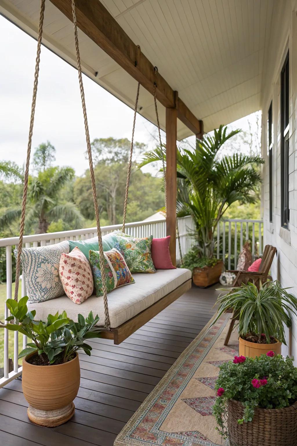 A swinging bench brings charm and relaxation to any verandah.