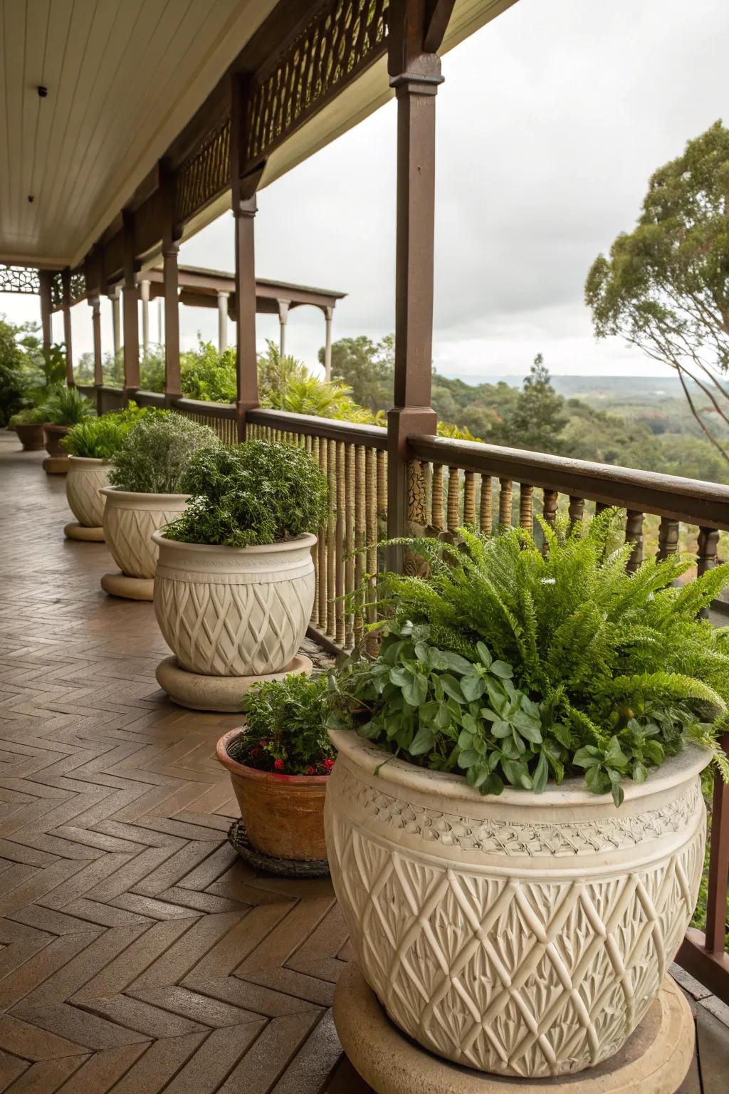 Textured planters add depth and charm to verandah greenery.