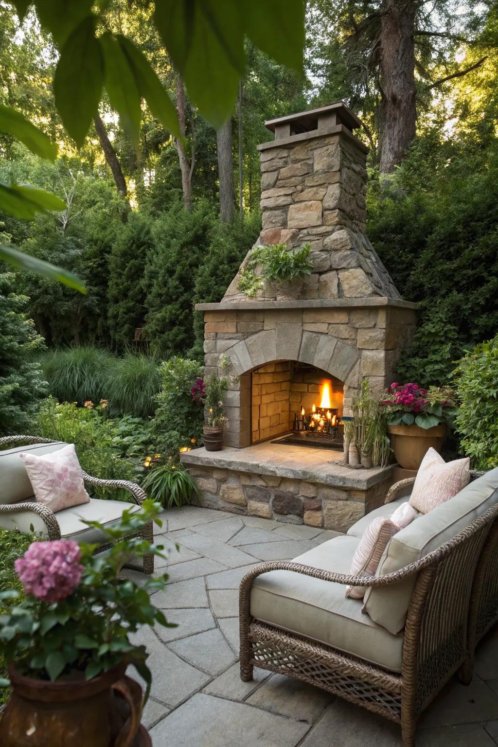 A secluded garden nook featuring a small, intimate fireplace.