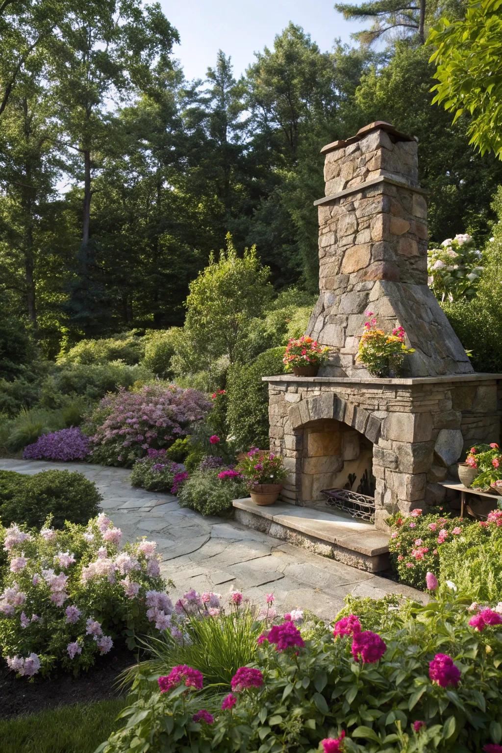 A stone fireplace seamlessly integrated with natural surroundings.