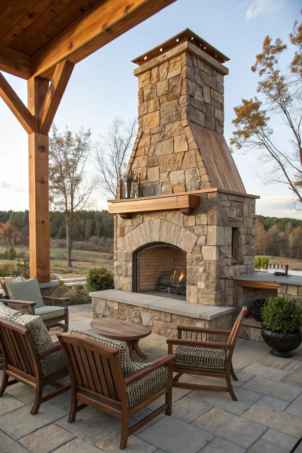 A harmonious fusion of stone and wood for a cozy gathering spot.