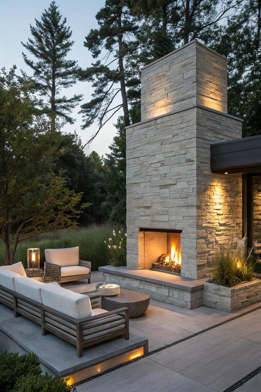A modern ledge rock fireplace featuring sleek lines and minimalist design.