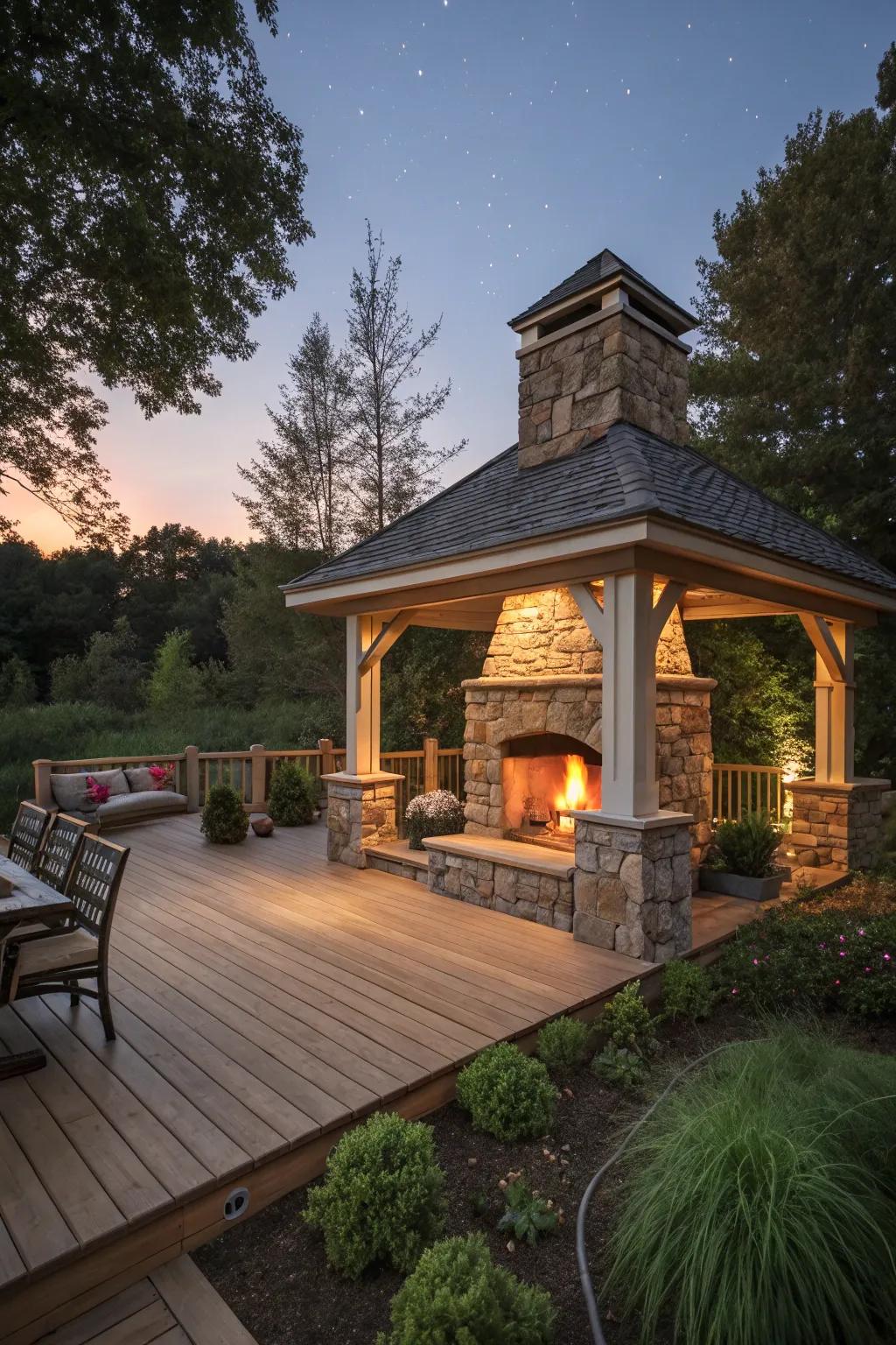 A stone fireplace adds warmth and ambiance to the rustic pavilion.
