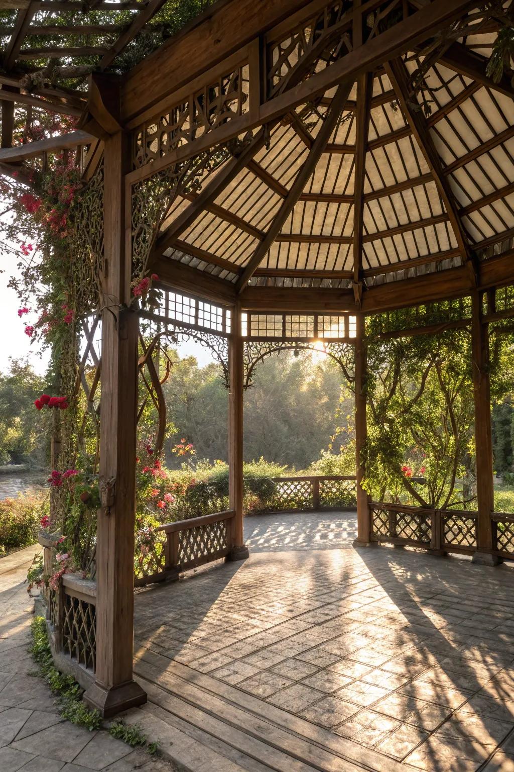 Pergola-style roof provides partial shade and a unique look.