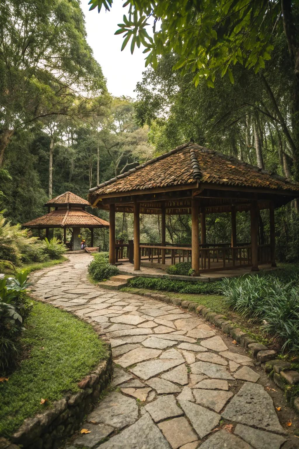 Nature integration enhances the rustic charm of the pavilion.
