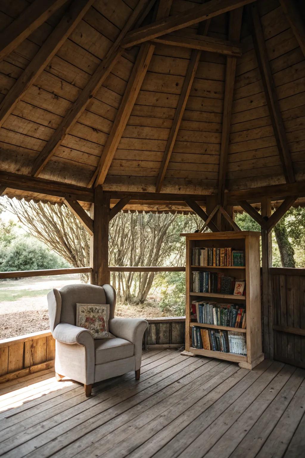A reading nook offers a peaceful retreat within the pavilion.