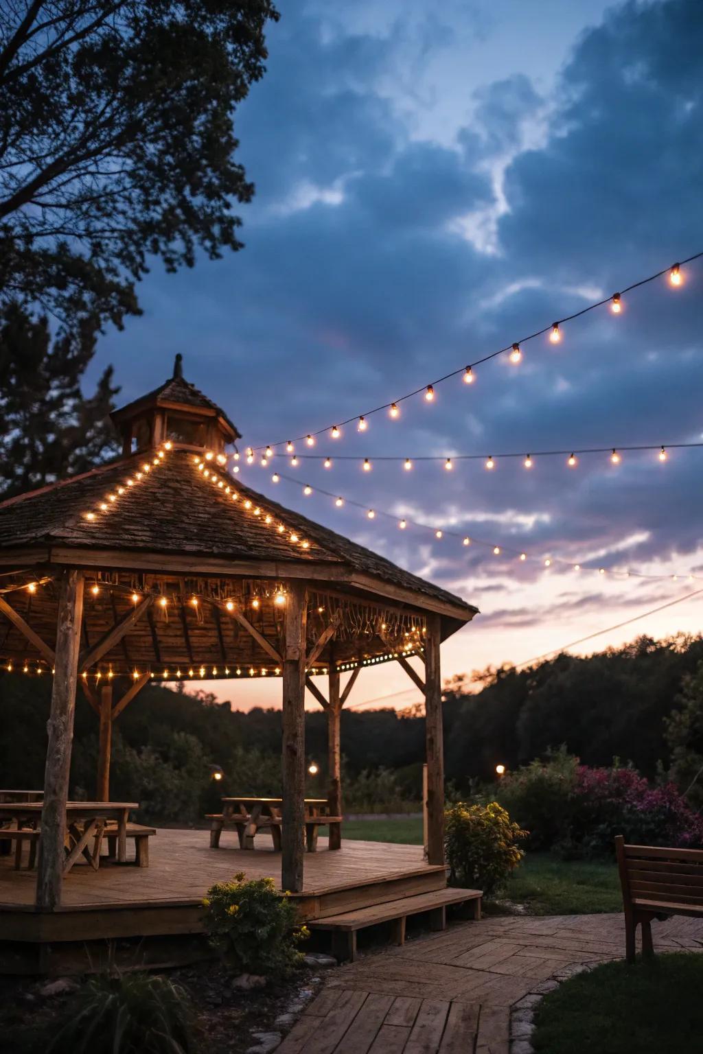 String lights add a cozy and magical atmosphere to the pavilion.