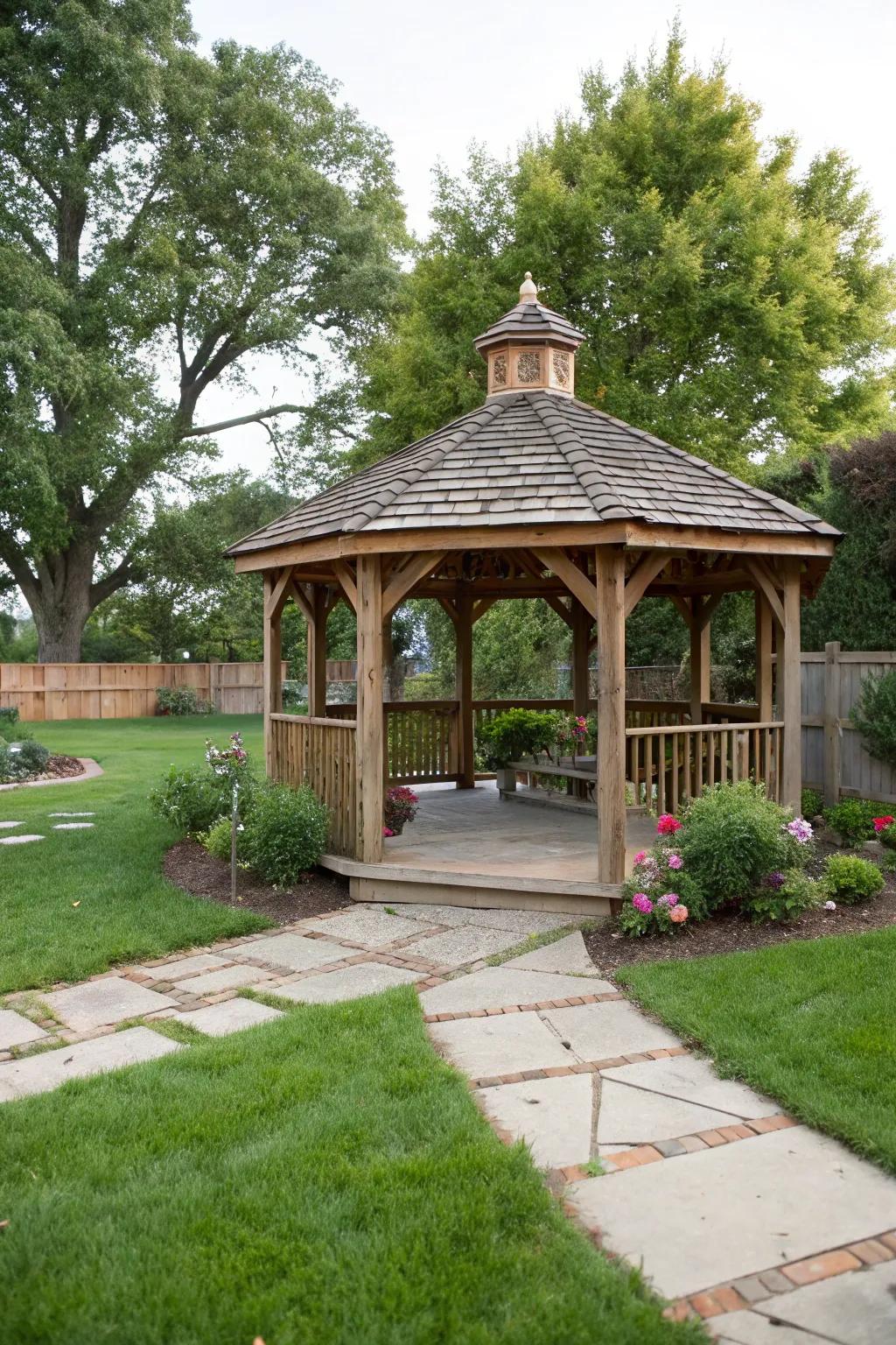 A pitched roof adds architectural interest to the rustic pavilion.