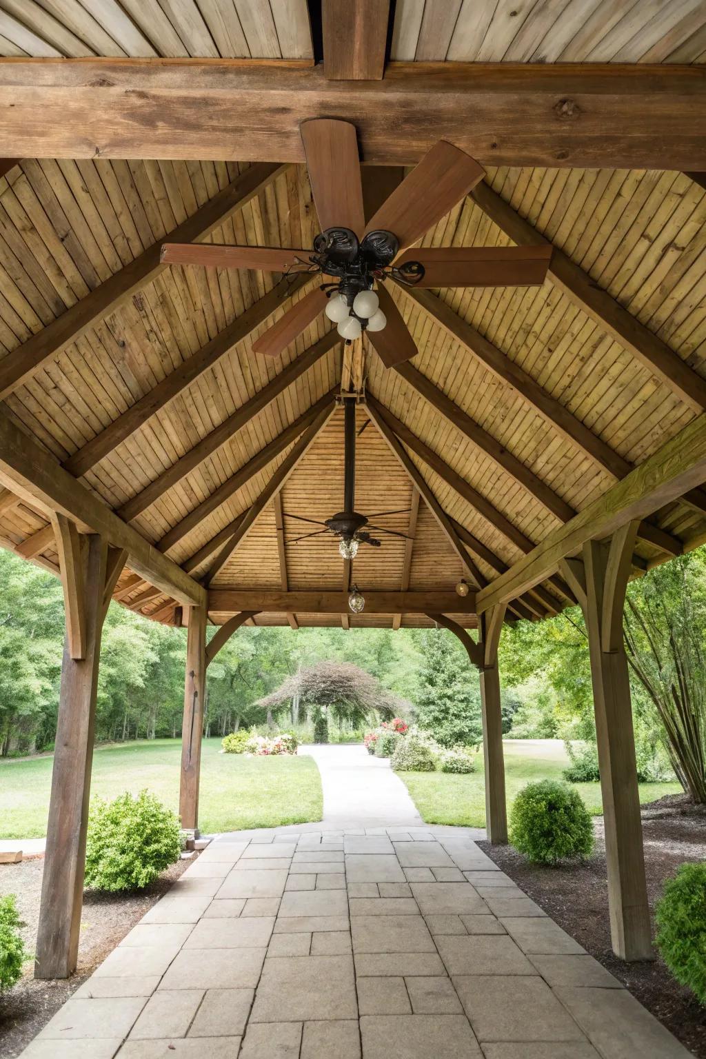 A ceiling fan provides comfort and complements the rustic style.
