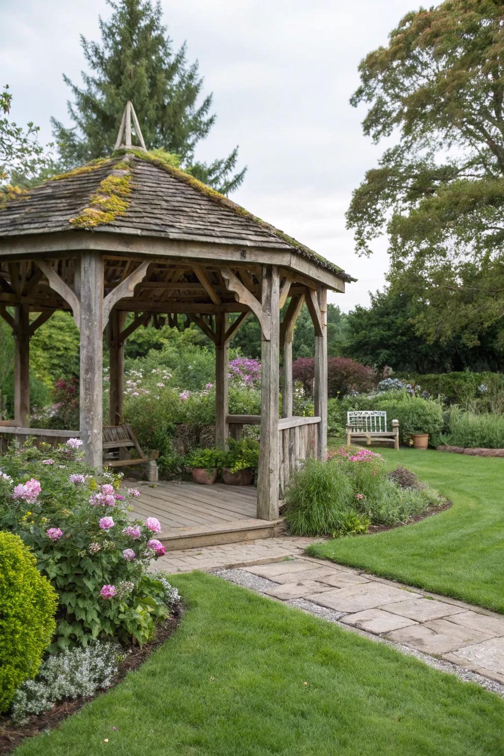 Natural wood beams create a warm and inviting rustic pavilion.