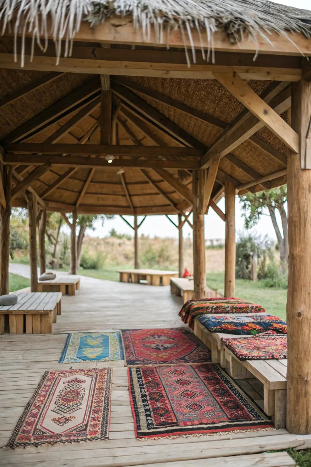 Outdoor rugs add comfort and style to the pavilion floor.
