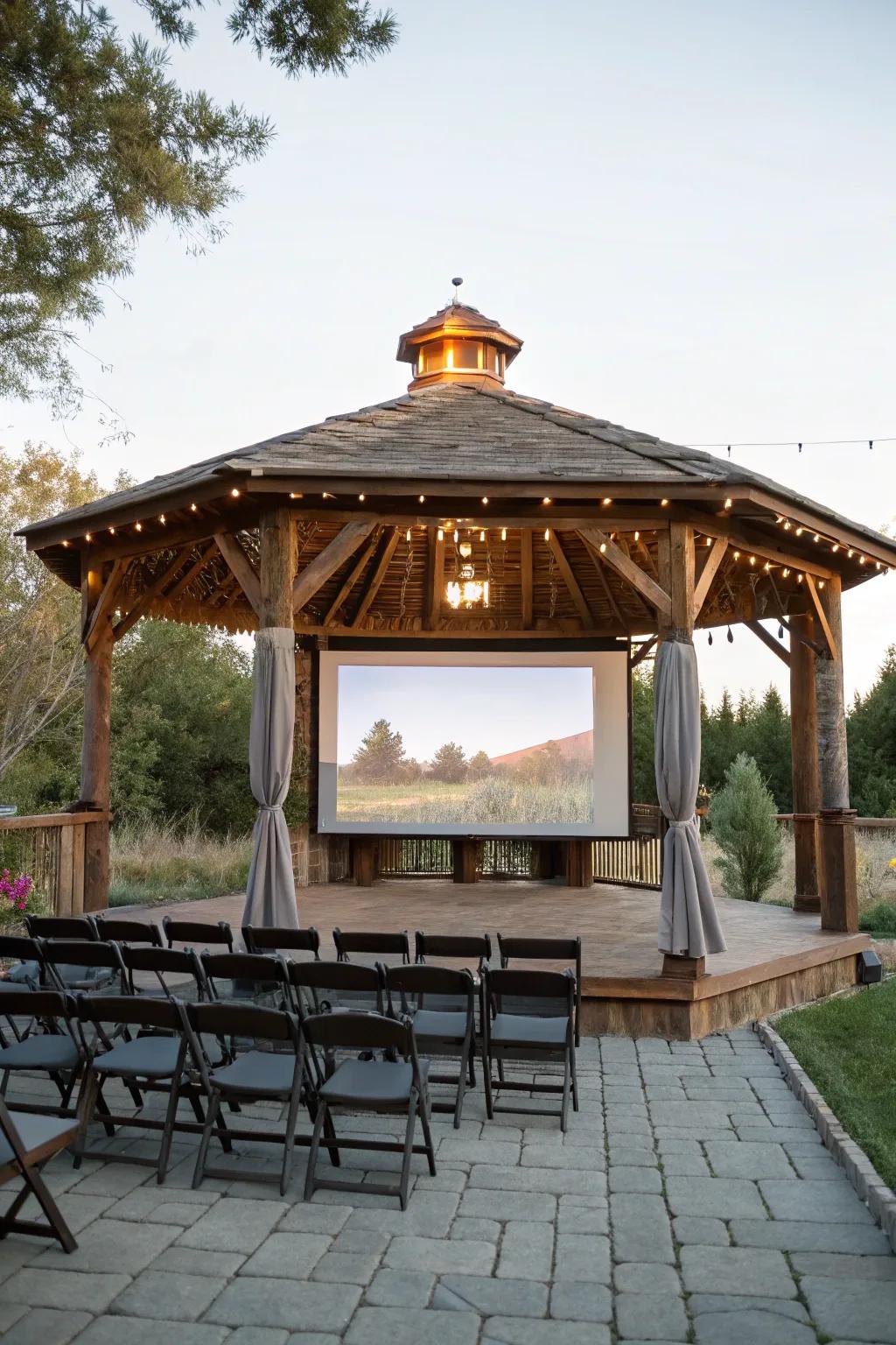 A movie screen transforms the pavilion into an outdoor theater.