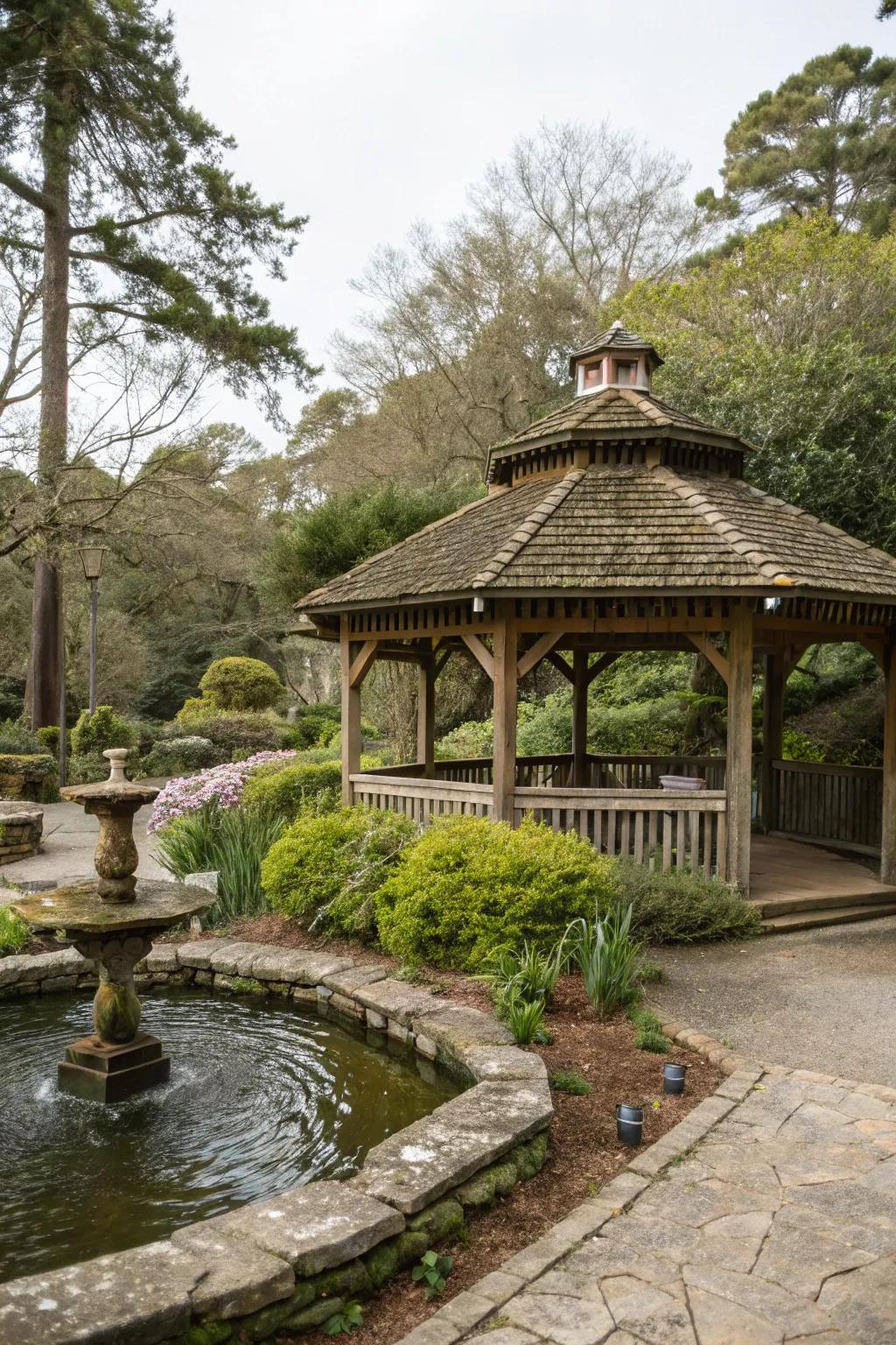 A water feature adds tranquility and a sensory experience.