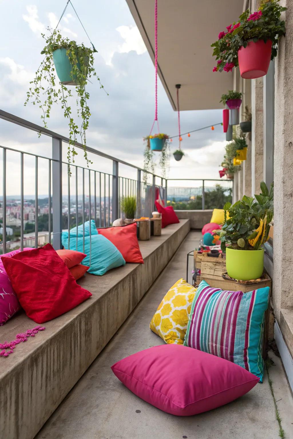 Bold colors bring energy to a concrete balcony.