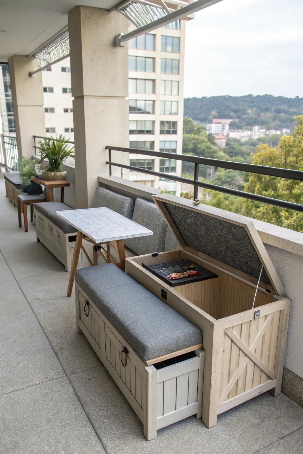 Multi-functional furniture maximizes utility on a concrete balcony.