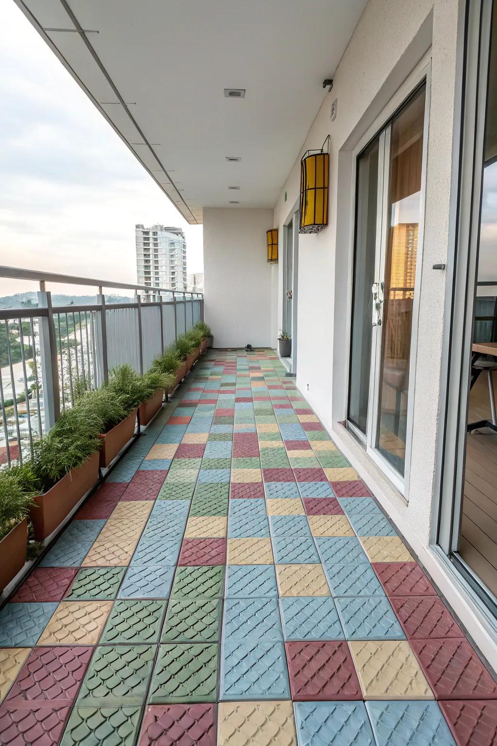 Interlocking tiles bring color and texture to a concrete balcony.