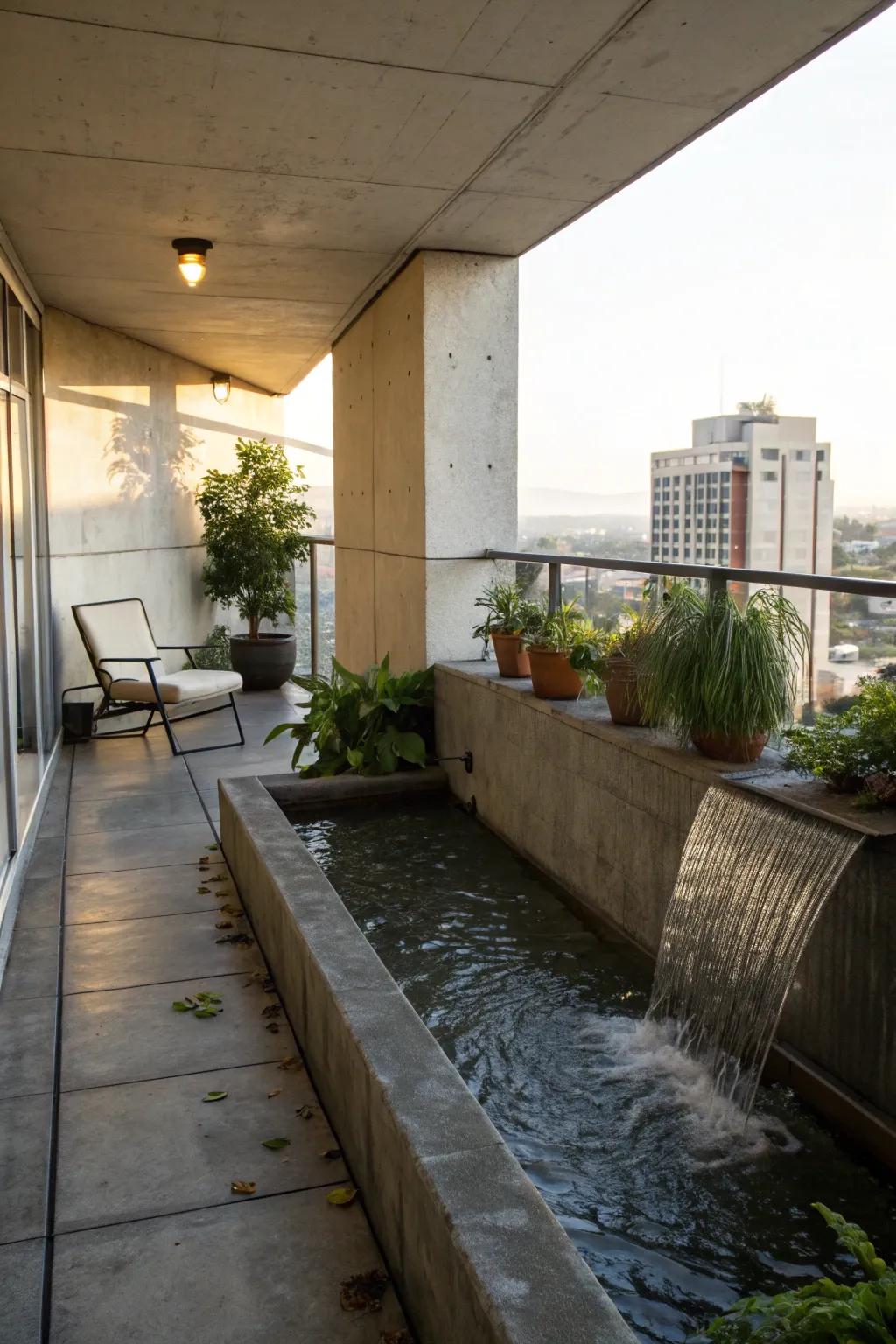 Water features add tranquility to a concrete balcony.