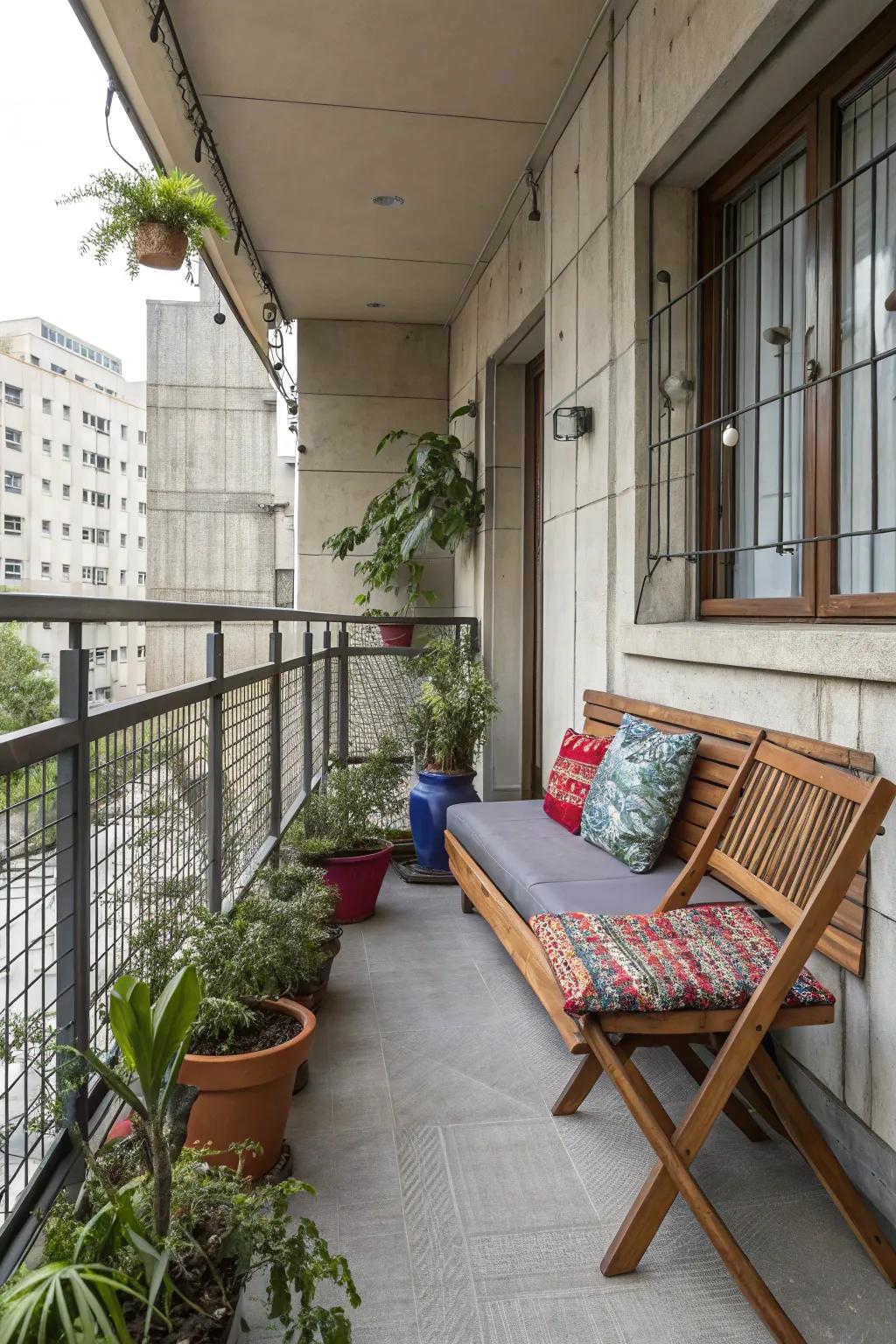 Texture variety adds depth to a concrete balcony.