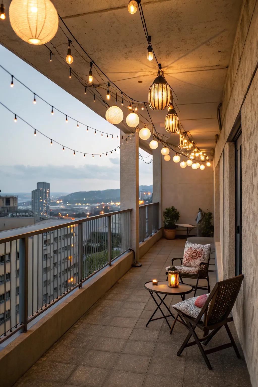 Ambient lighting enhances the charm of a concrete balcony.