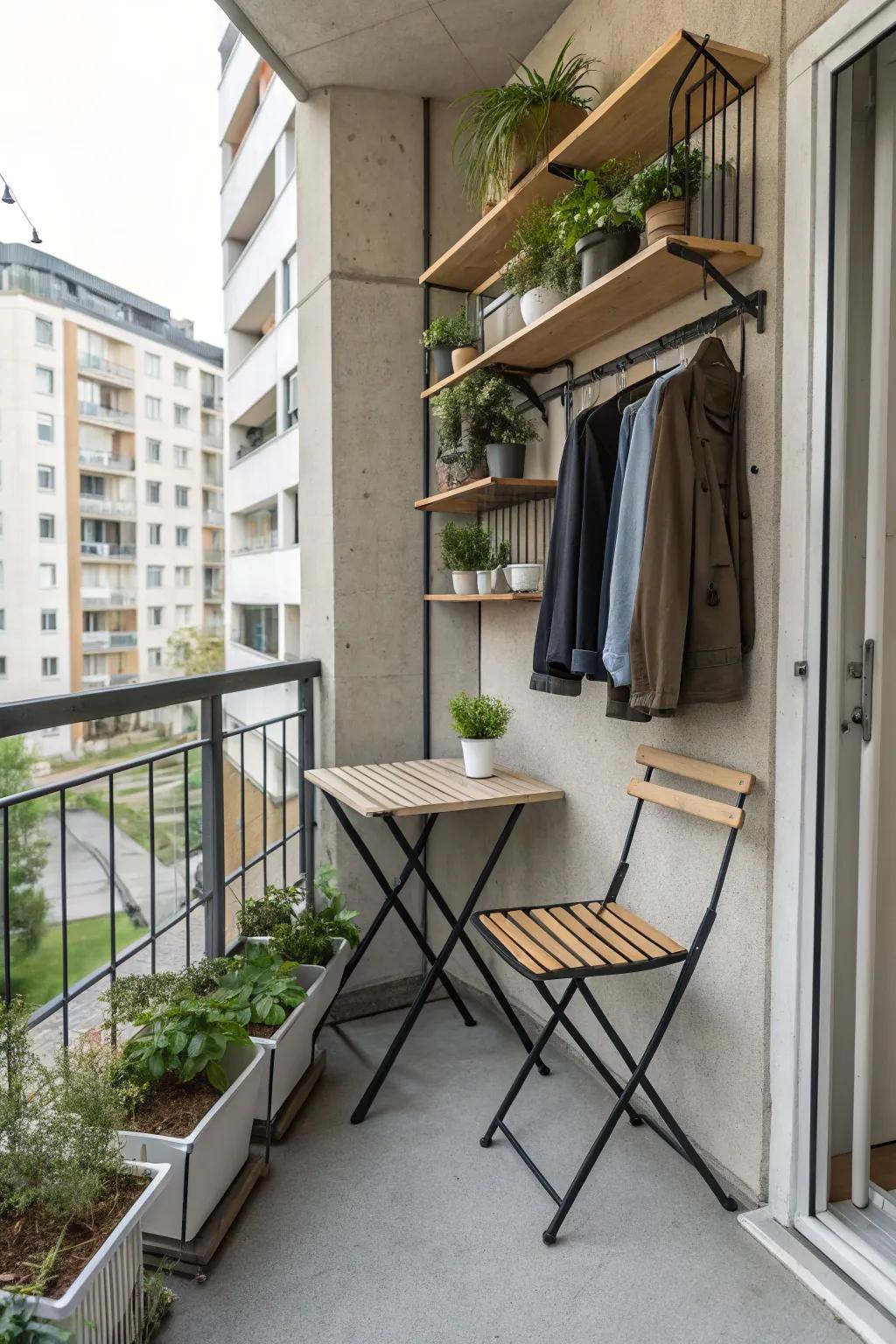 Smart layouts optimize space on a concrete balcony.