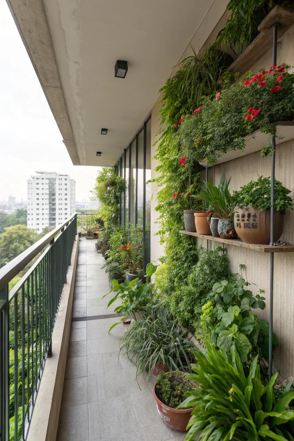 Greenery transforms a concrete balcony into a vibrant retreat.