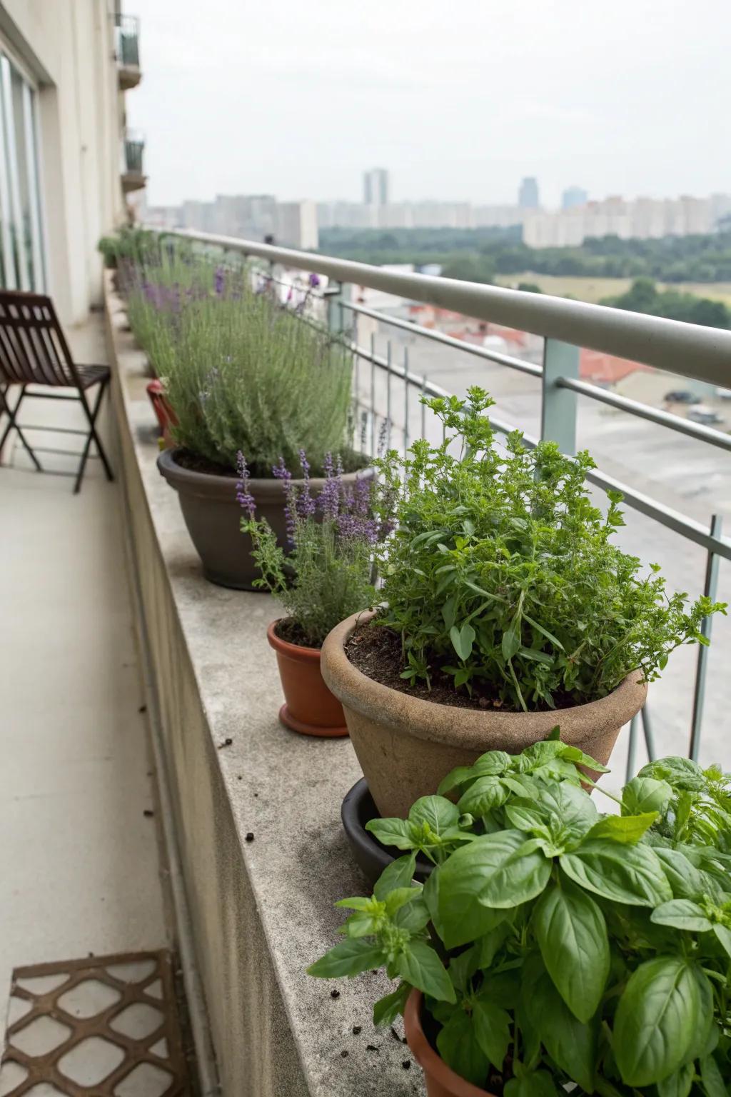 Aromatic herbs add fragrance and utility to a concrete balcony.