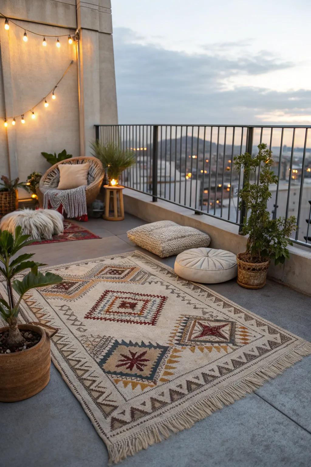 An outdoor rug adds warmth and style to a concrete balcony.