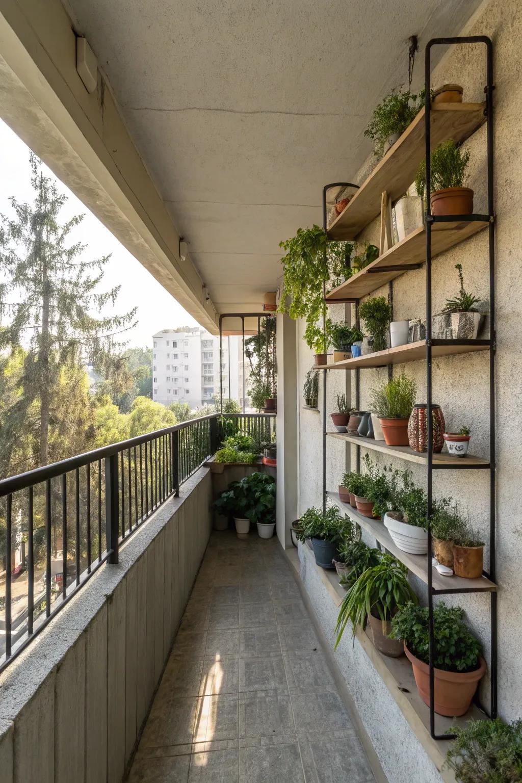 Privacy screens enhance solitude on a concrete balcony.