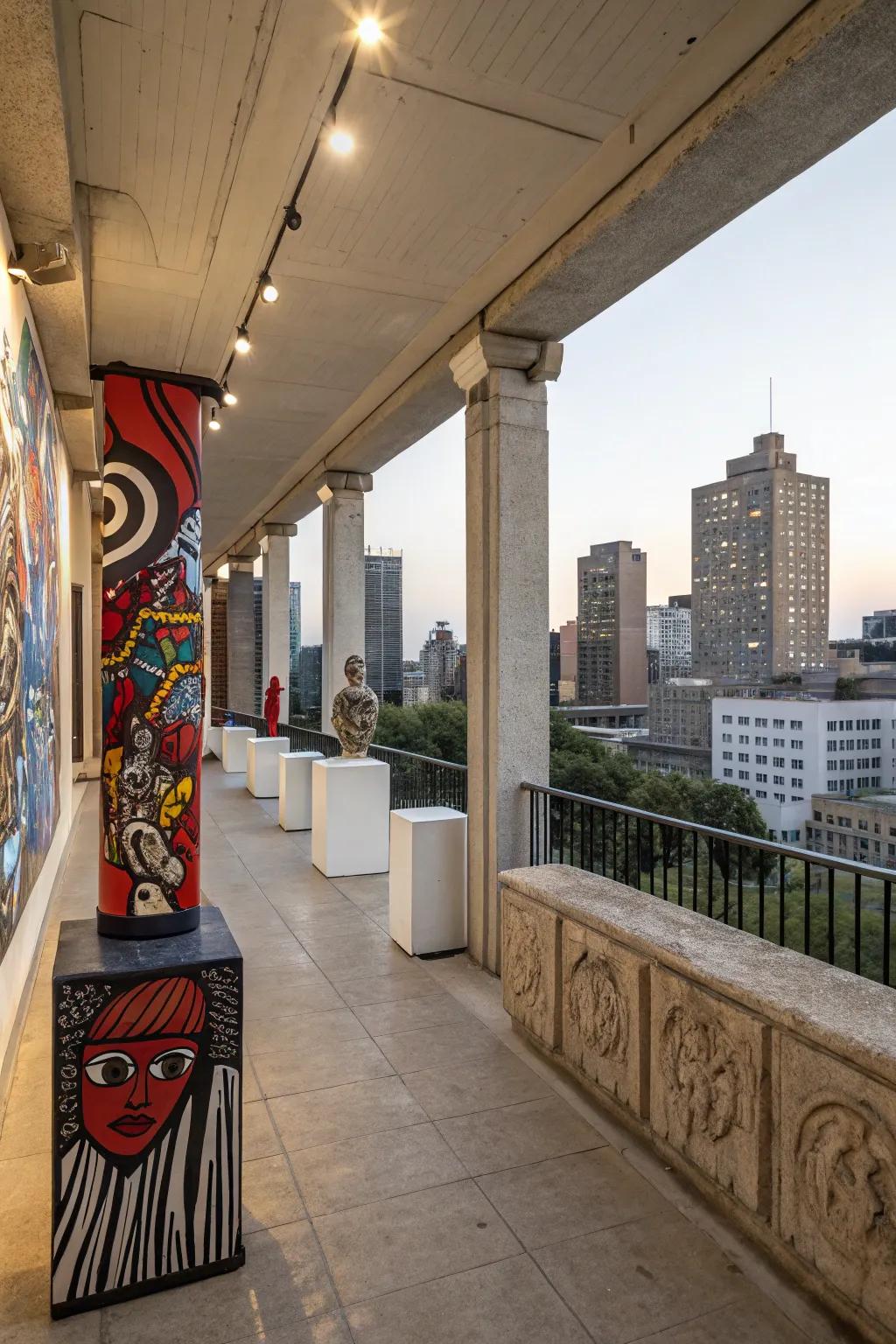 Statement art pieces personalize a concrete balcony.