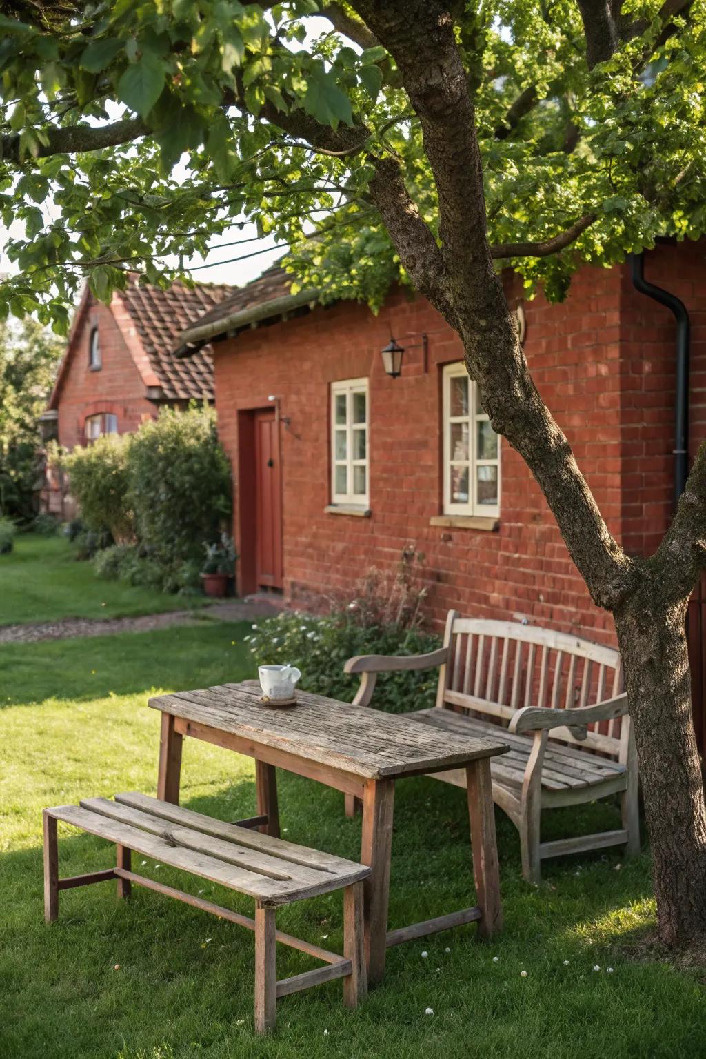 Rustic furniture creates cozy and inviting outdoor spaces.