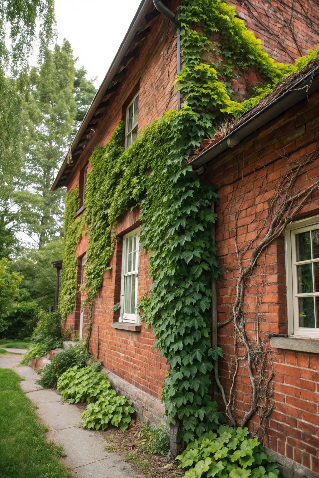 Climbing vines add height and soften the brick facade.