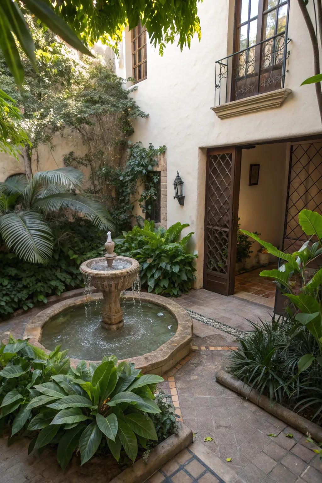 A serene courtyard featuring a tranquil water fountain.