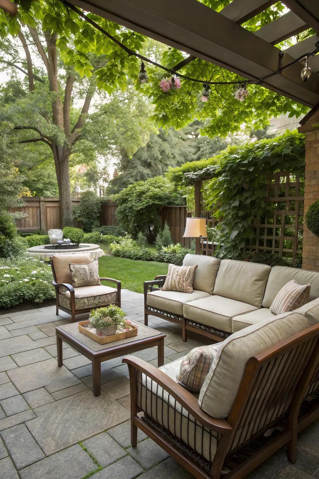 A cozy courtyard seating area with comfortable sofas and chairs.