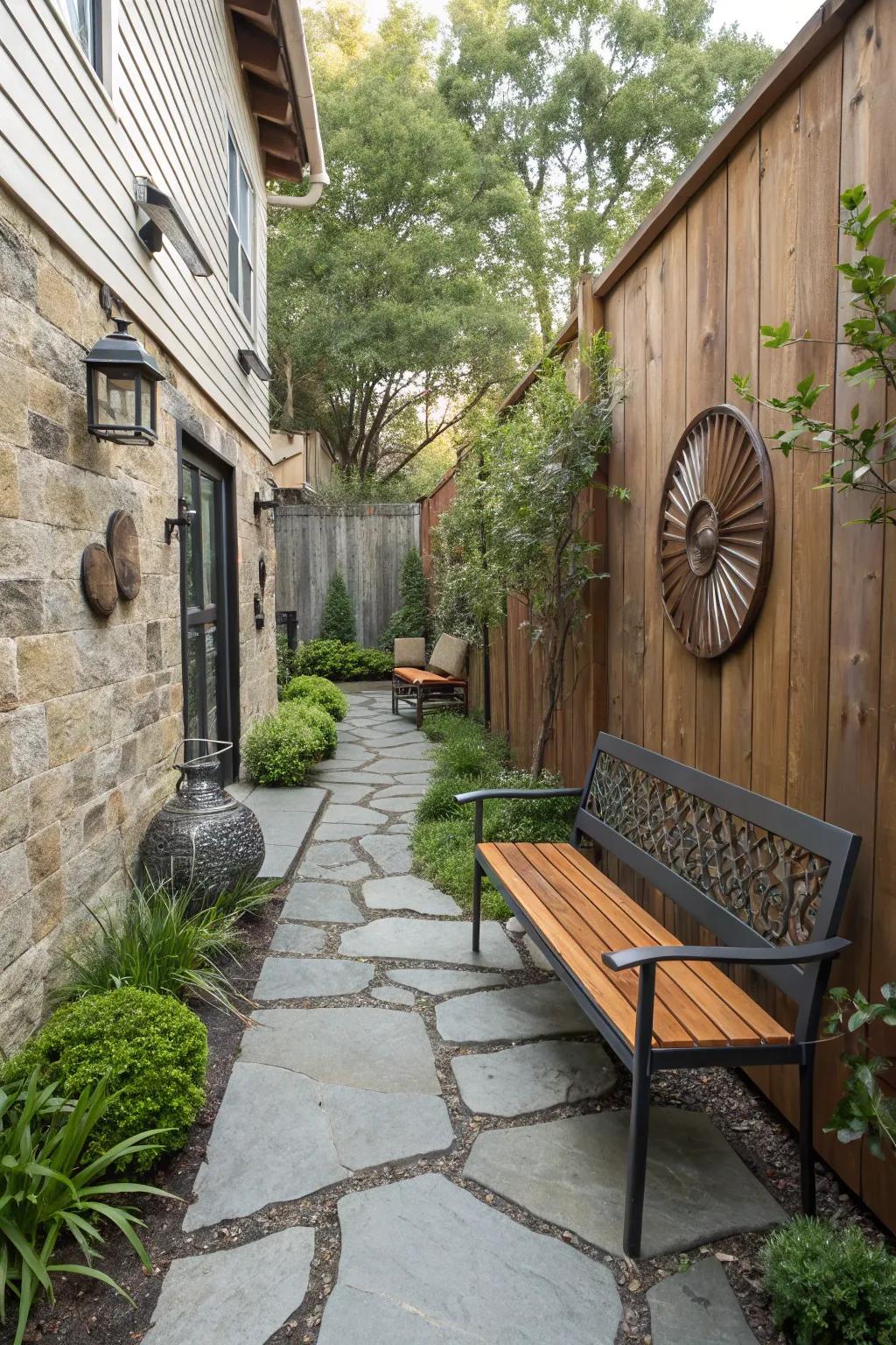 A courtyard rich with texture through mixed materials.