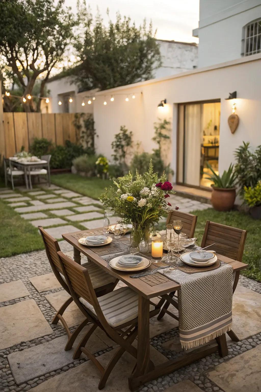 A charming courtyard dining area ready for a meal.