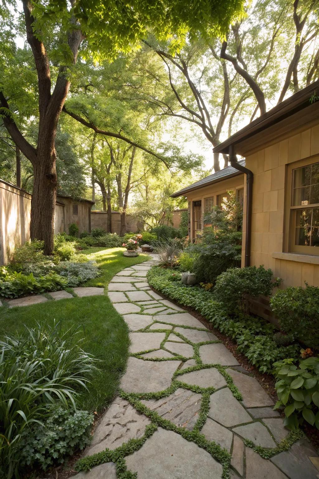 Beautiful stone pathways weaving through a courtyard garden.
