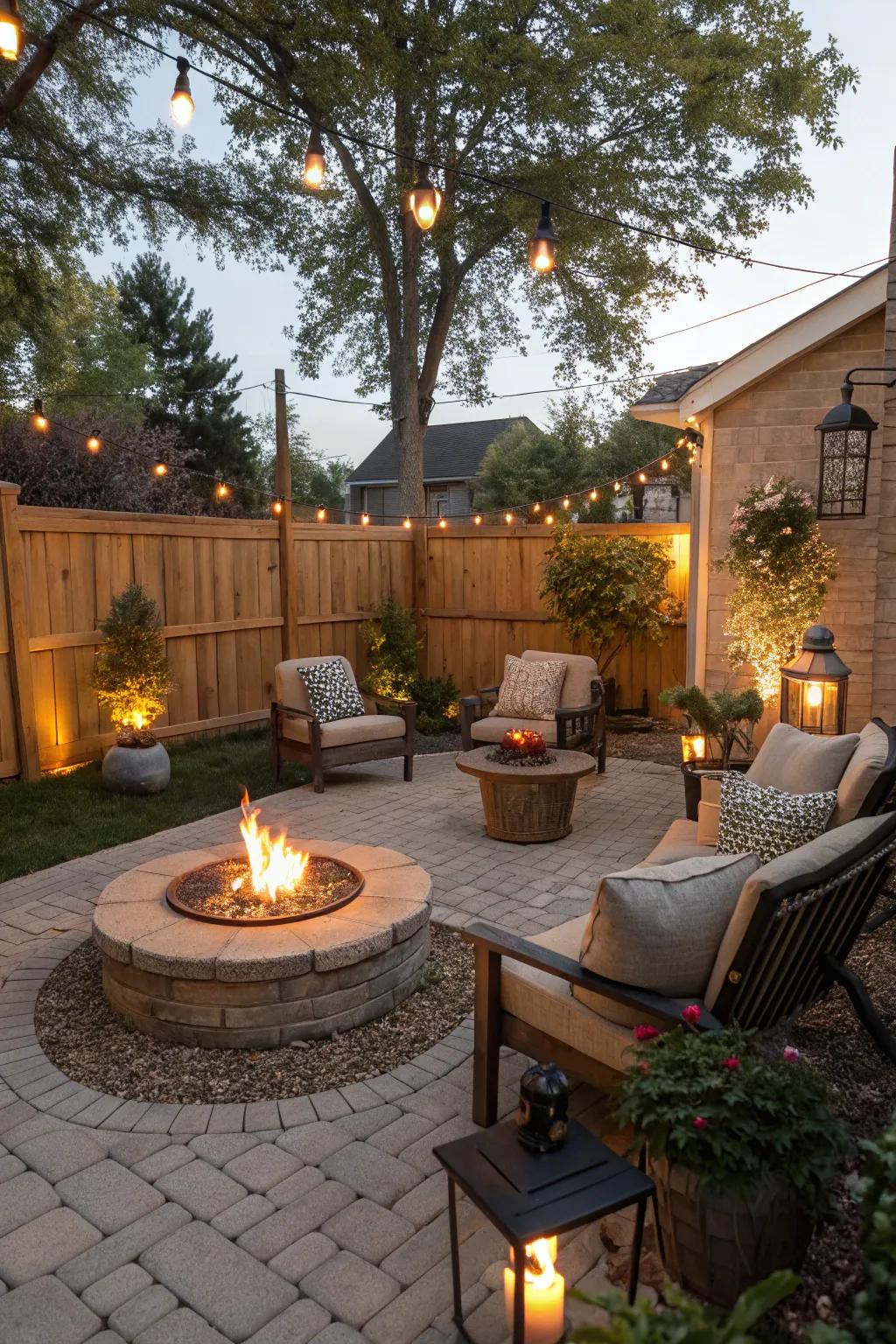 A courtyard centered around a warm and inviting fire pit.