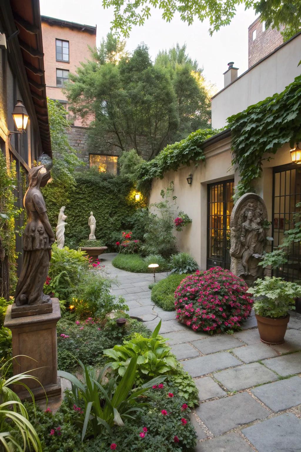 A courtyard featuring artistic sculptures in a garden setting.
