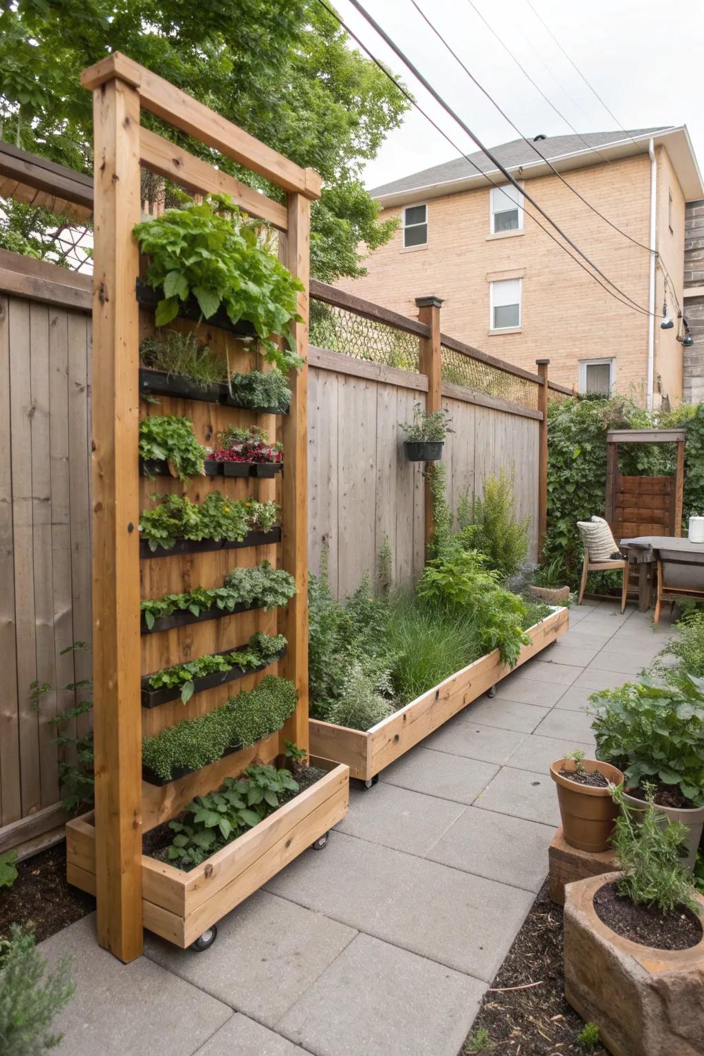 A courtyard featuring a practical vertical herb garden.