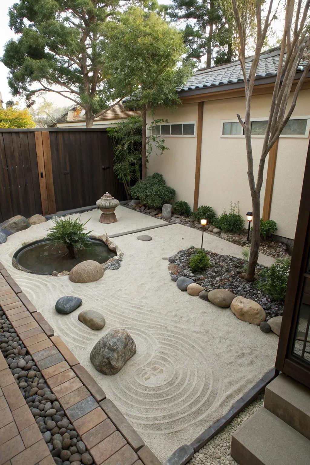 A serene Zen corner in a courtyard for meditation.