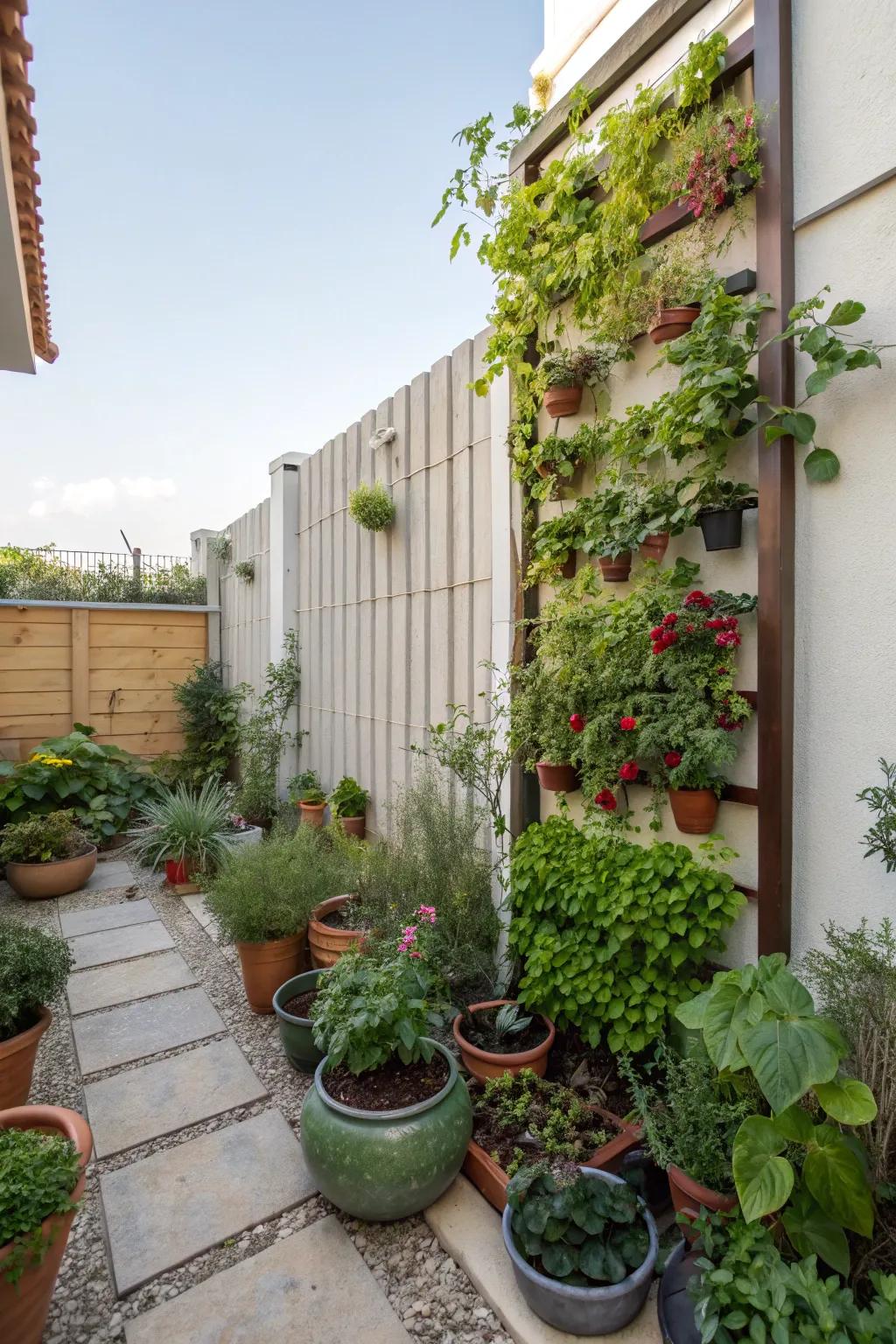 A vibrant courtyard filled with lush greenery and potted plants.