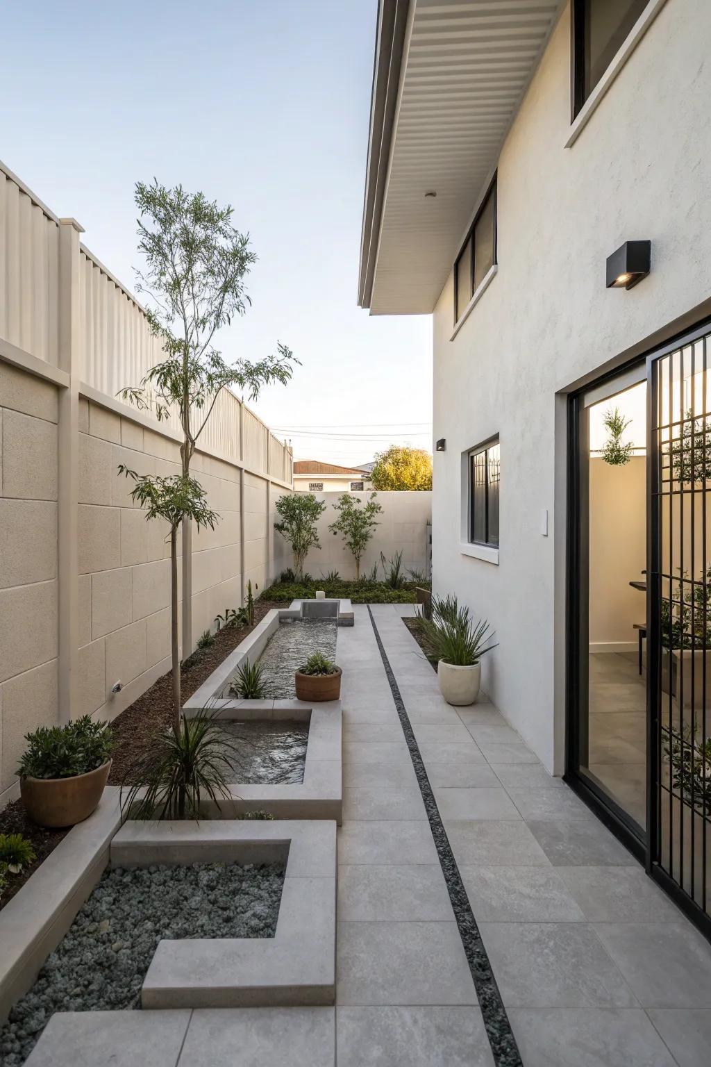 A sleek courtyard with minimalist design elements.