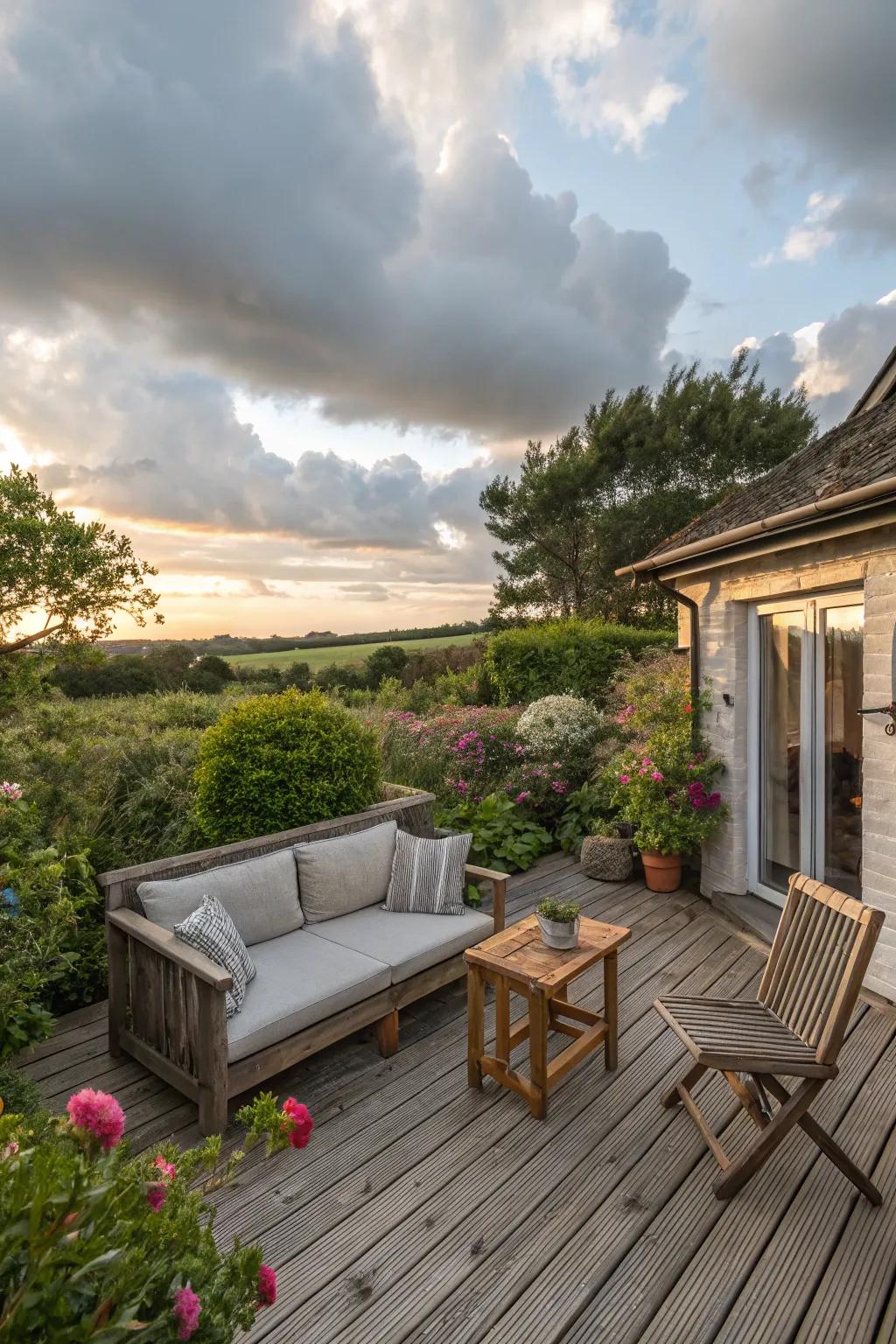 Cottage patio with a wooden deck