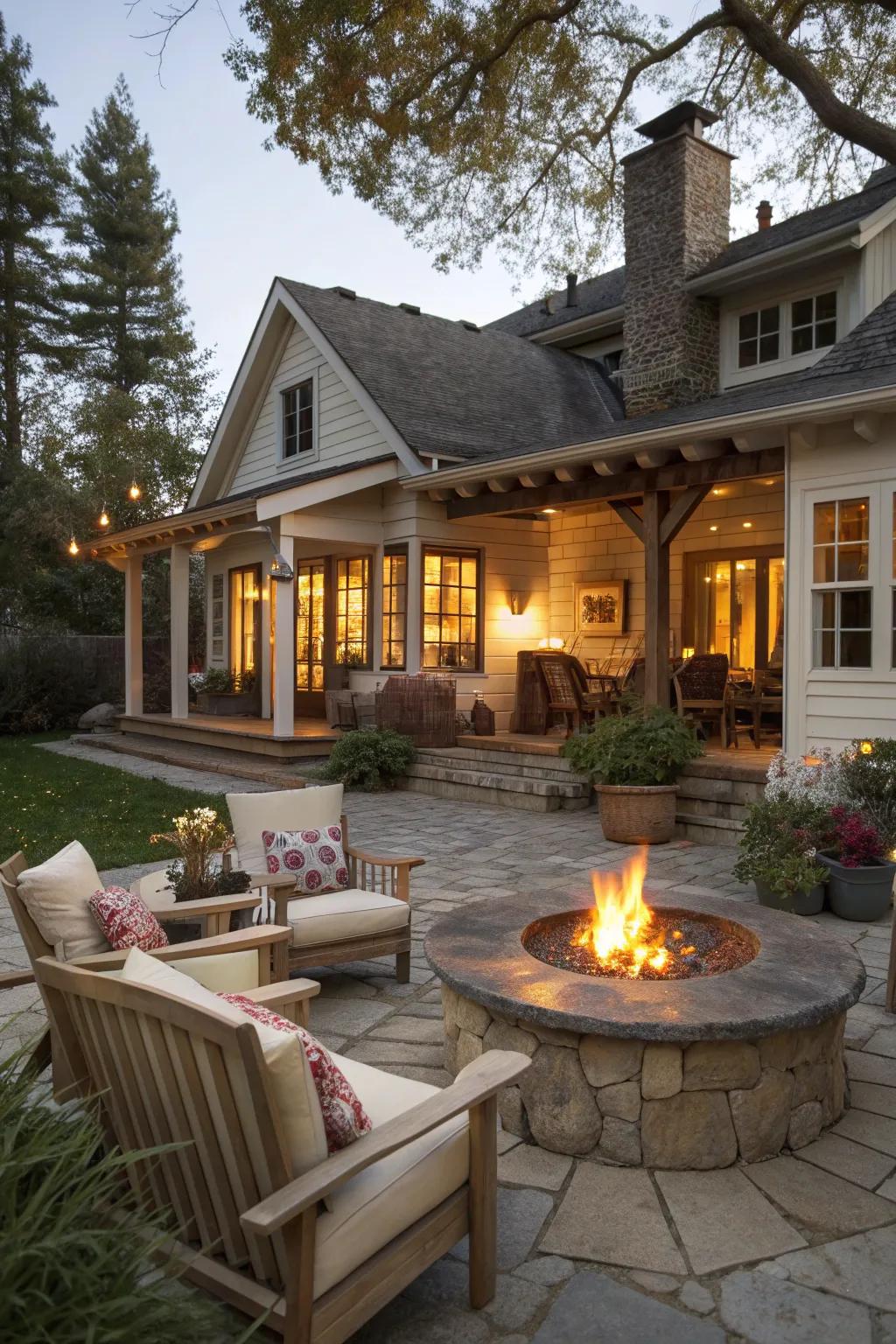 Cottage patio with a central fire pit