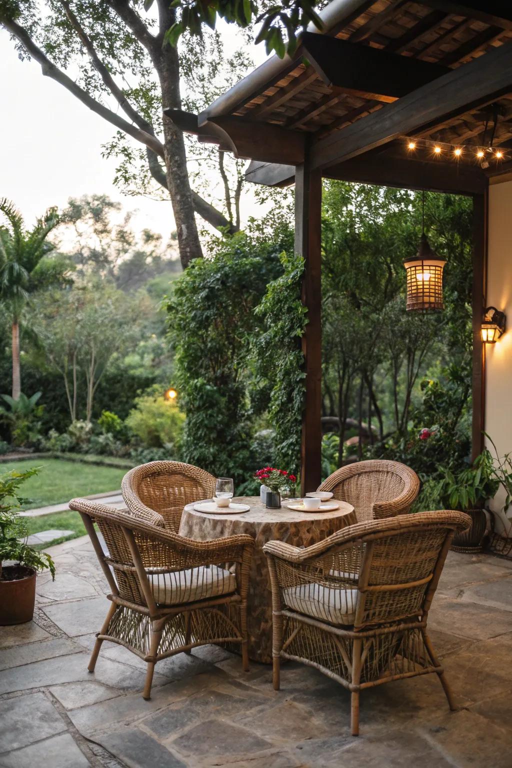 Wicker chairs and table set on a cottage patio