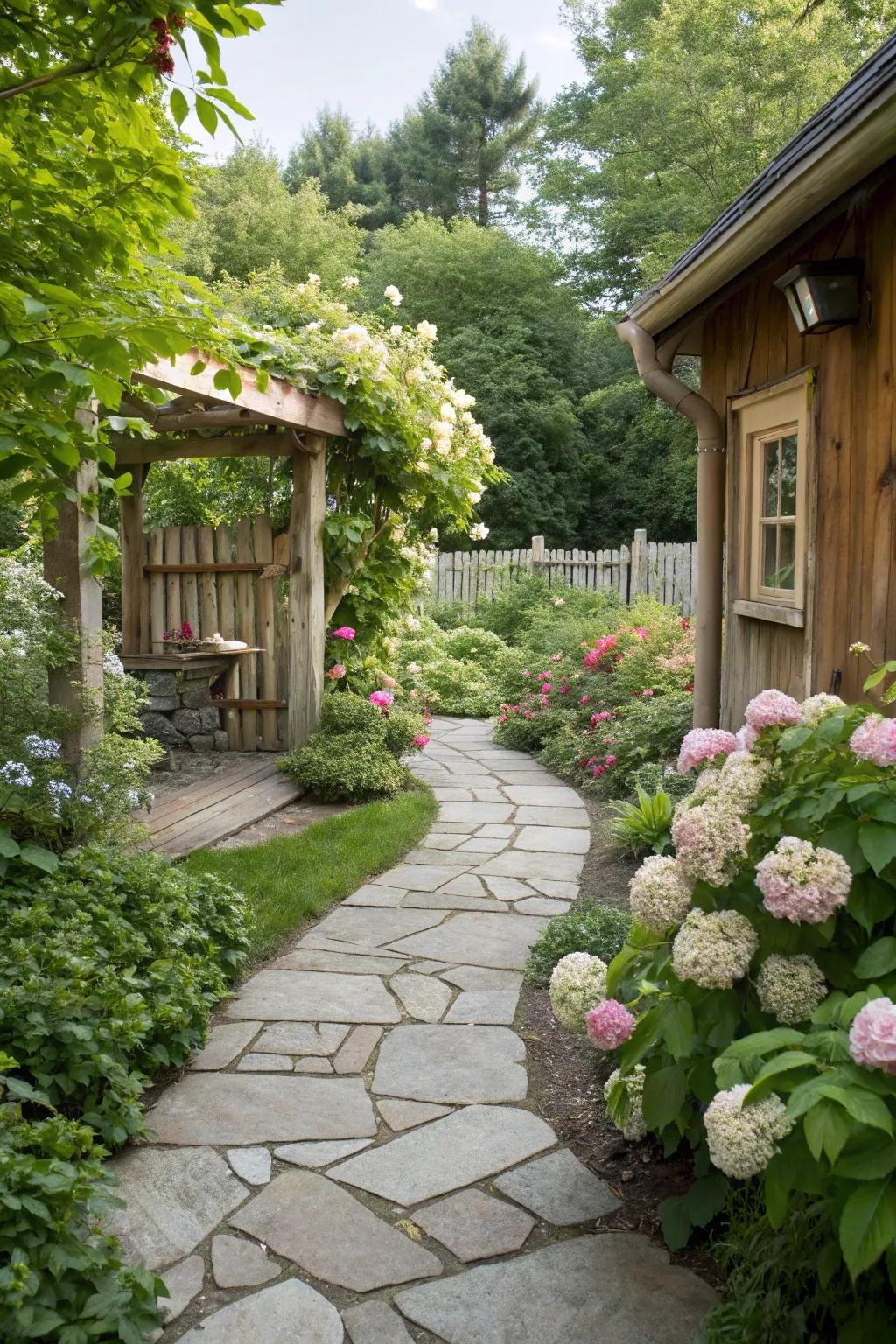 Cottage patio with stone pathway