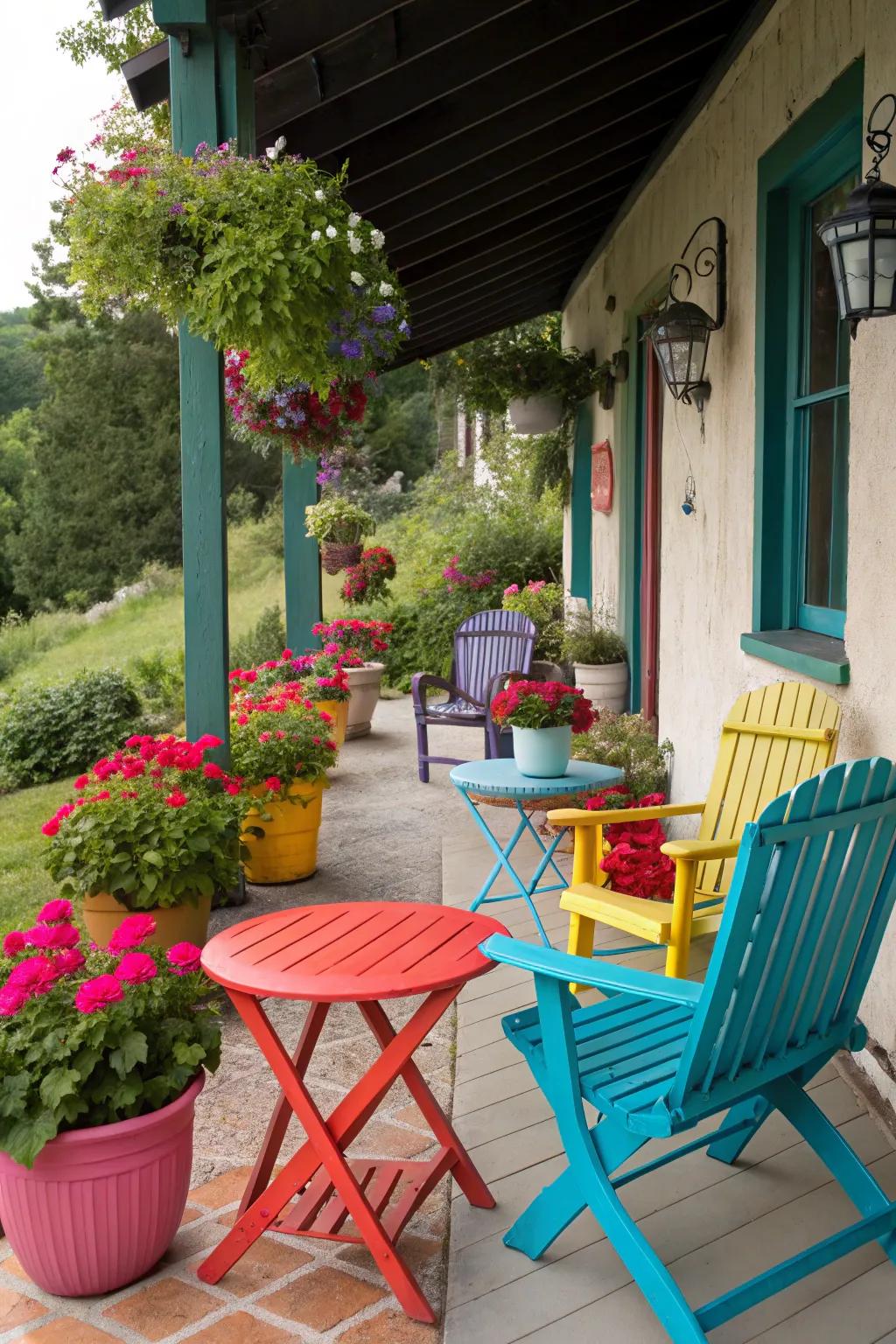 Cottage patio with brightly painted furniture