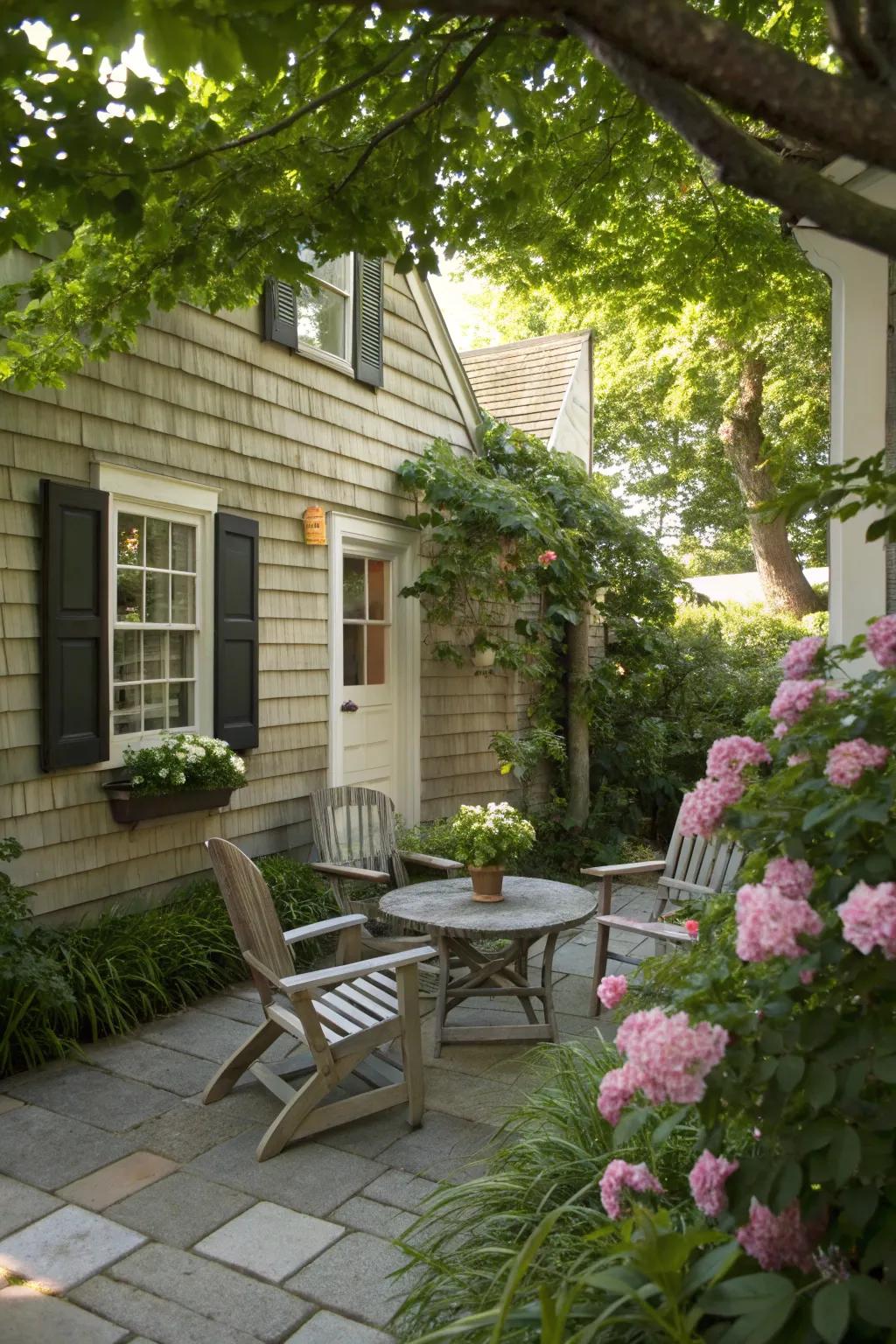 Cottage patio with a secluded seating nook